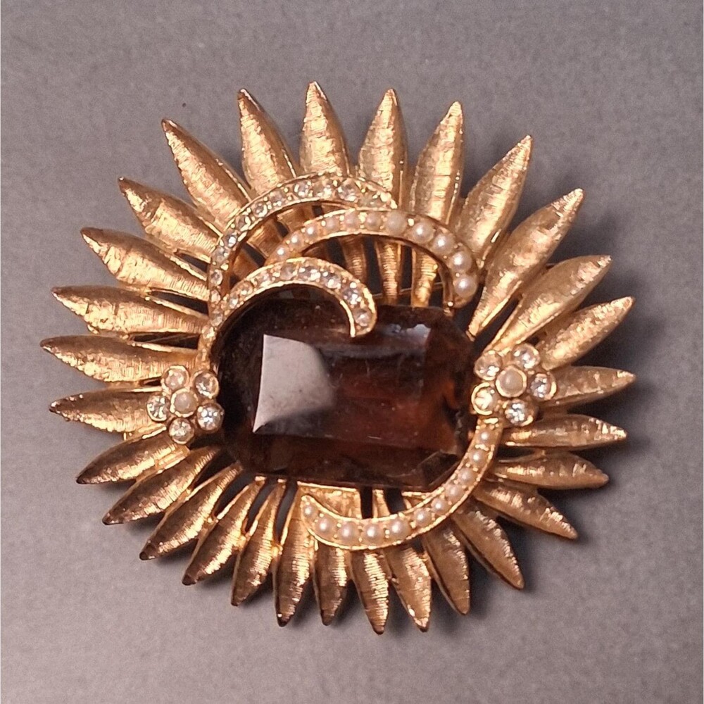 ART Arthur Pepper Sunburst Brooch Topaz Rhinestone Pin